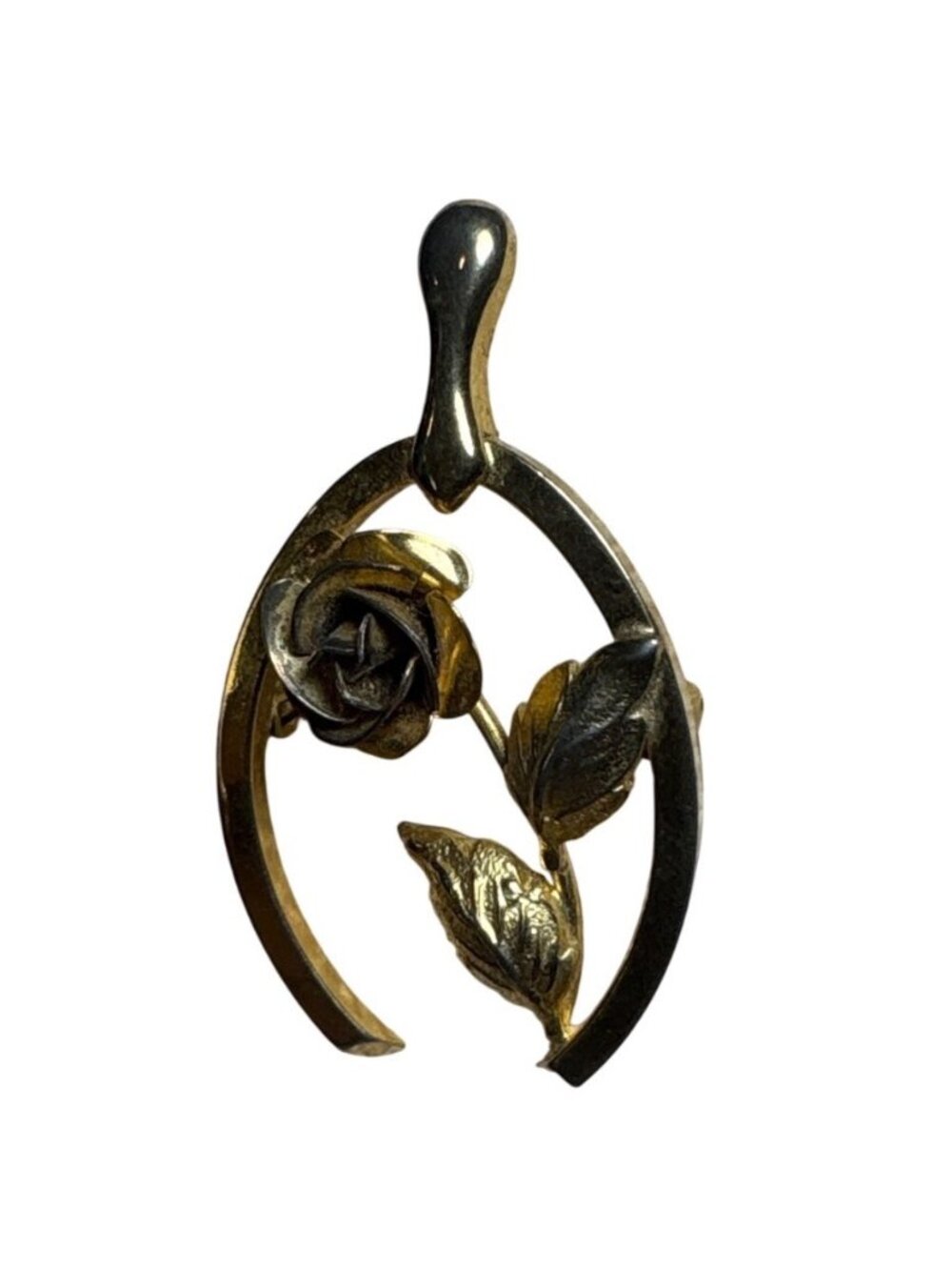 Vintage Gold Tone Wishbone Brooch With Rose & Leaf Design Pin Jewelry 1.5"